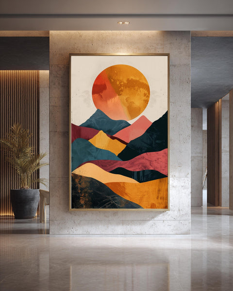 Retro Sunset Hills Art, Mid Century Mountain Landscape, Abstract Decor, Framed Unframed or Digital