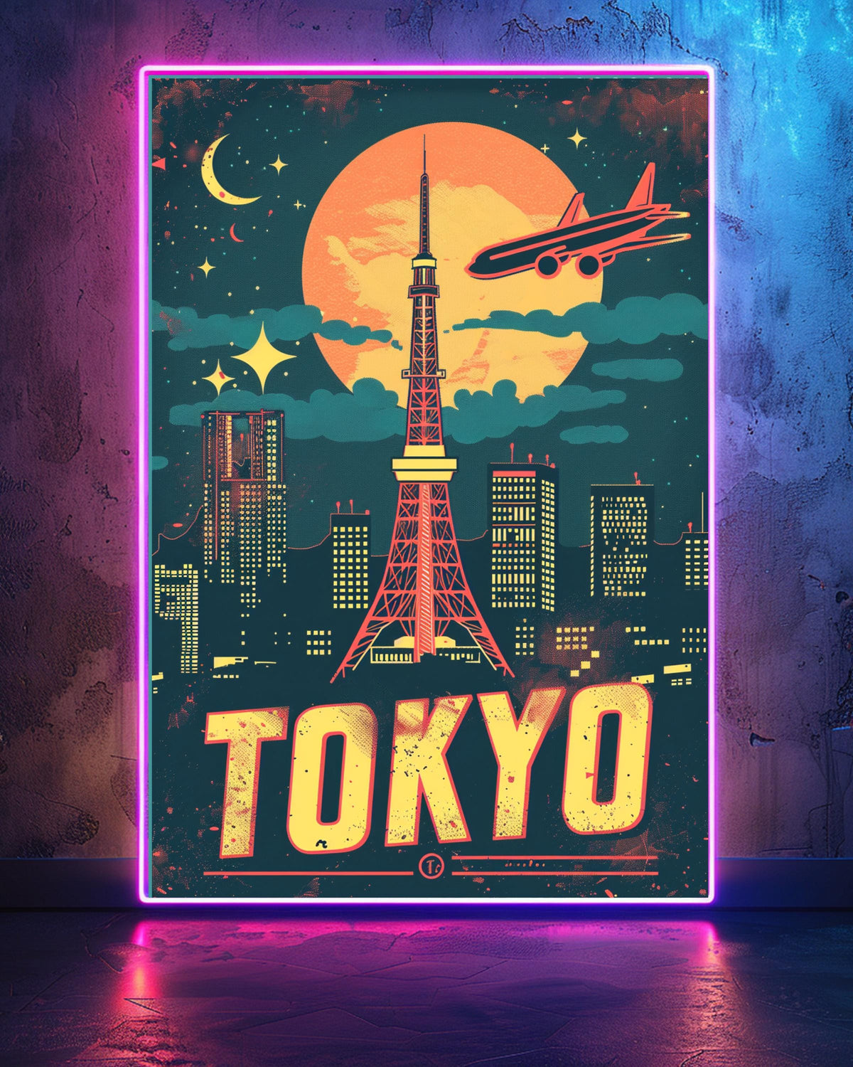 Retro Travel Poster, Tokyo Neon Skyline Print, Japan Vintage, Framed Unframed or Digital