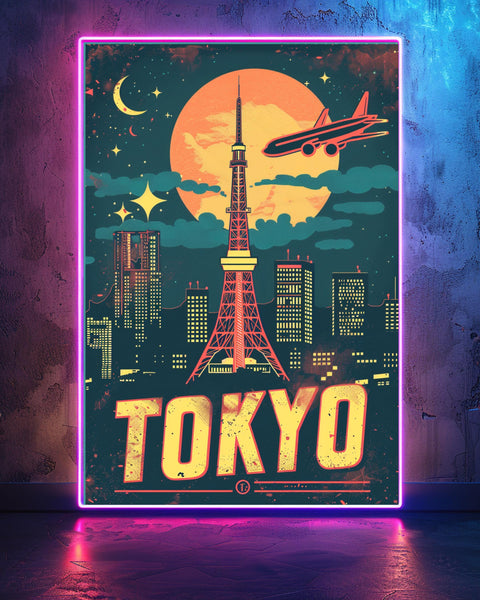 Retro Travel Poster, Tokyo Neon Skyline Print, Japan Vintage, Framed Unframed or Digital