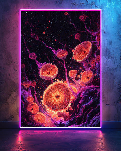 Mushroom Wall Art, Psychedelic Neon Print, Groovy Retro Poster, Framed Unframed or Digital
