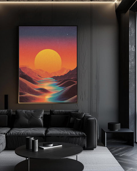 Psychedelic Sunset Wall Art, 70s Retro Landscape Poster, Trippy Mountain Print, Cosmic Sky Decor, Dreamy Surreal Gloss Print