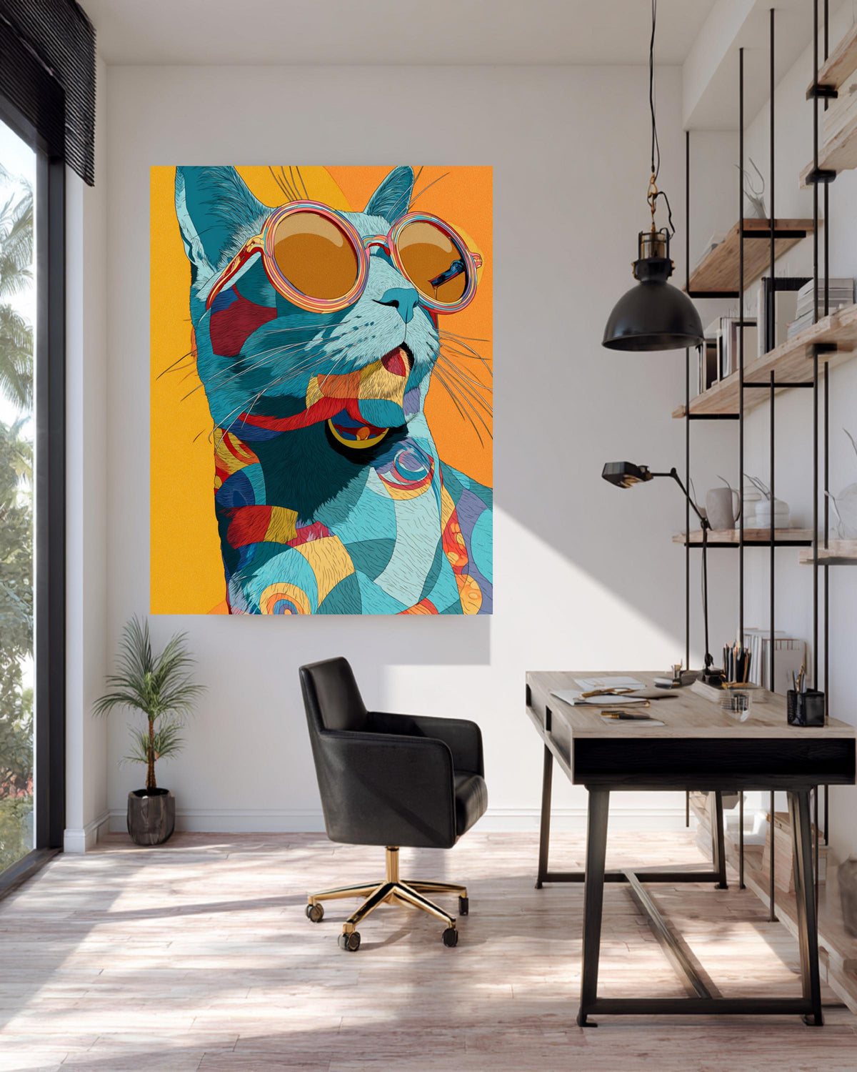 Groovy Cat Wall Art, Funky 70s Poster, Psychedelic Cat Print, Retro Sunglasses Kitty Decor, Playful Cartoon Gloss Print