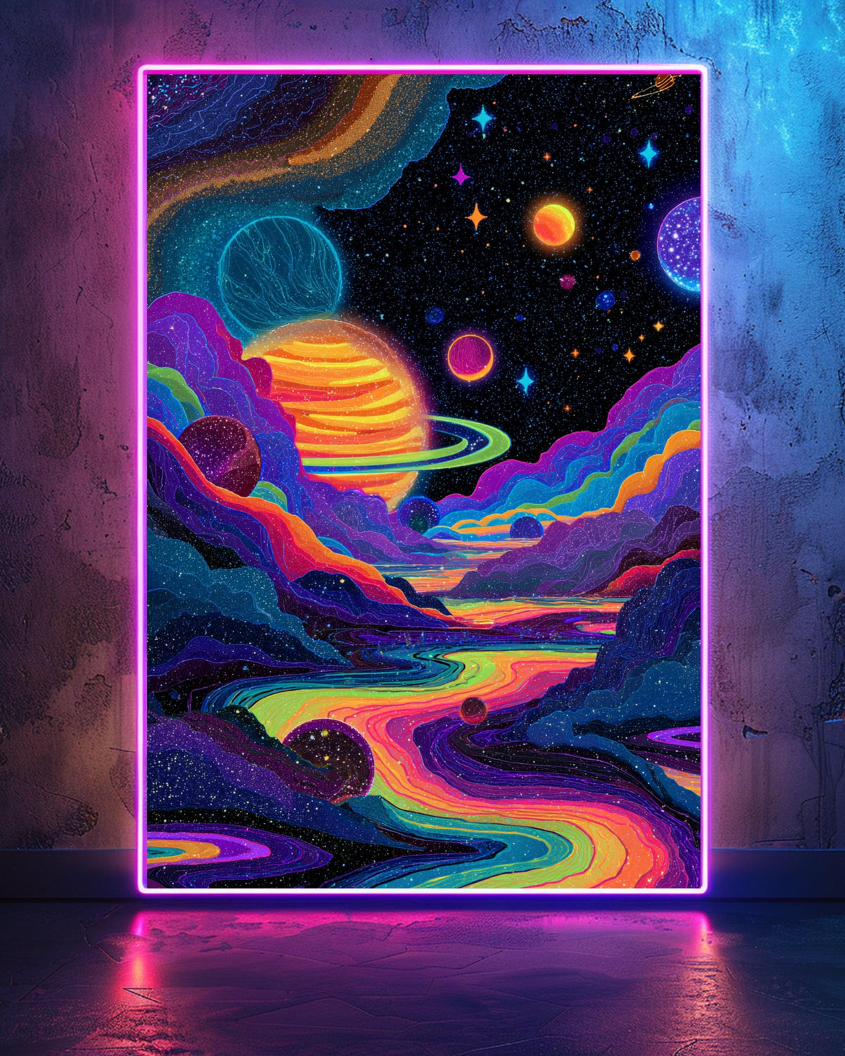Psychedelic Space Wall Art, Groovy 70s Cosmic Poster, Trippy Planet Print, Neon Galaxy Decor, Surreal Dreamy Gloss Print
