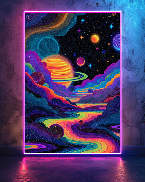 Psychedelic Space Wall Art, Groovy 70s Cosmic Poster, Trippy Planet Print, Neon Galaxy Decor, Surreal Dreamy Gloss Print