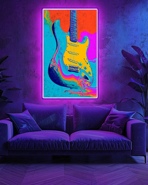 Electric Guitar Print, Psychedelic Neon Pop Art, Retro Rock Poster, Framed Unframed or Digital