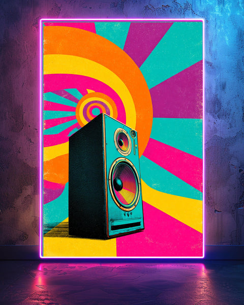 Retro Poster, Psychedelic Speaker, 70s Groovy Neon Wall Art, Framed Unframed or Digital