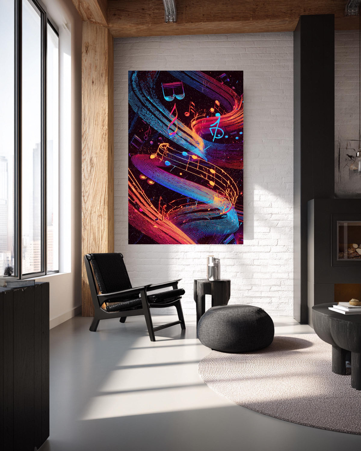 Music Notes Wall Art, Psychedelic Neon Swirl Print, Retro Groovy Poster, Framed Unframed or Digital