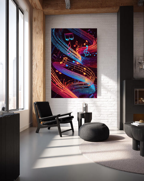 Music Notes Wall Art, Psychedelic Neon Swirl Print, Retro Groovy Poster, Framed Unframed or Digital