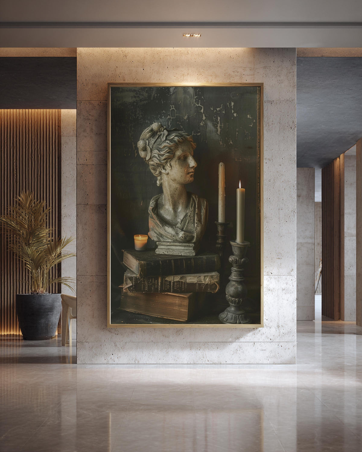 Dark Academia Art, Greek Bust Still Life Print, Antique Books Candle, Framed Unframed or Digital