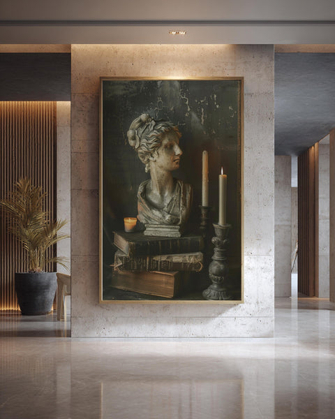 Dark Academia Art, Greek Bust Still Life Print, Antique Books Candle, Framed Unframed or Digital