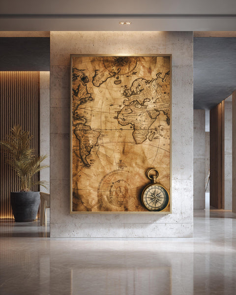 Vintage World Map Gloss Print with Antique Compass, Nautical Chart Wall Art, Old World Map Poster, Sepia Tone Travel Decor, Explorer Art