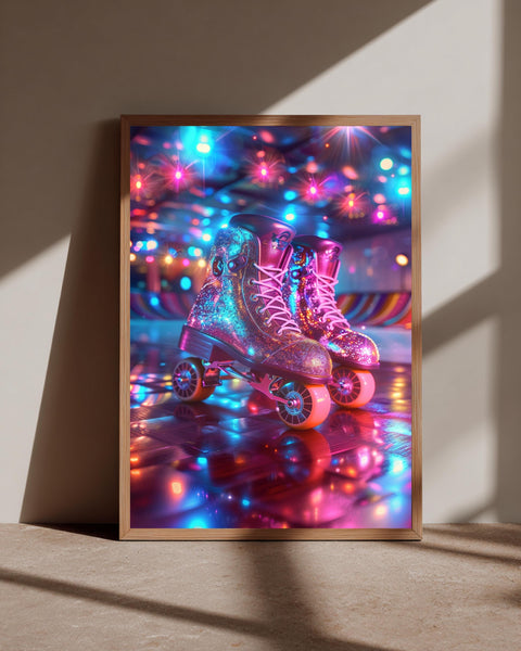 Retro Roller Disco, Neon Skates Wall Art, 70s Glitter Poster, Framed Unframed or Digital