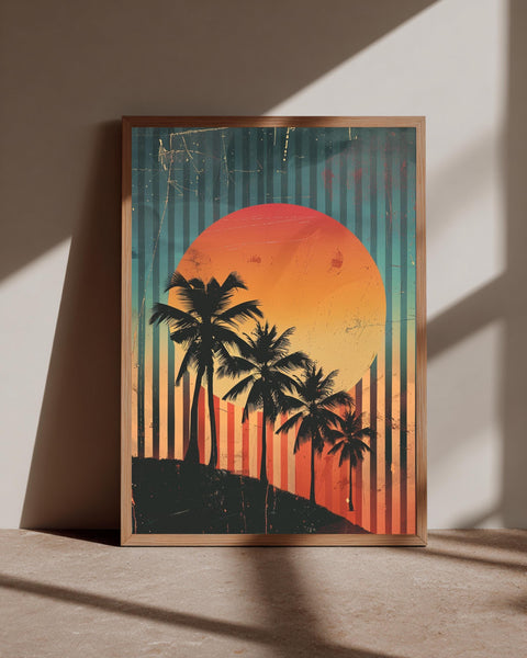 Retro Sunset Palm Art, Synthwave Tropical Poster, Vintage California Print, Framed Unframed or Digital