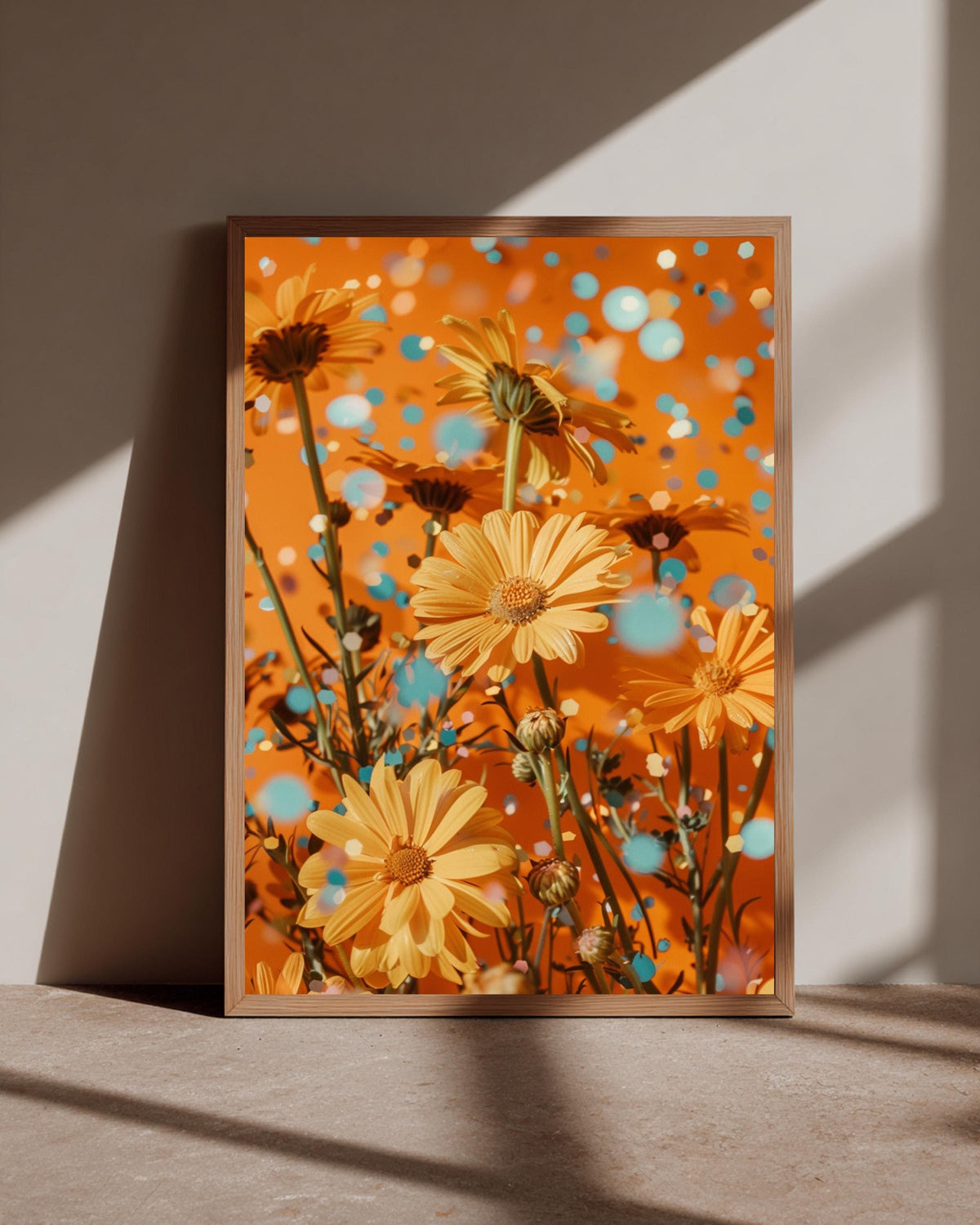 Retro Floral Wall Art, 70s Daisy Orange Print, Disco Sparkle Decor, Framed Unframed or Digital