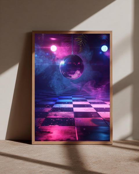Retro Disco Ball Art, Neon Dance Floor Print, Framed Unframed or Digital