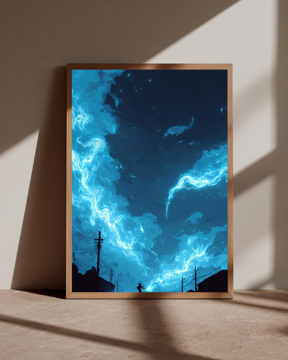Fantasy Wall Art, Anime Night Battle, Blue Energy Sky, Framed Unframed or Digital