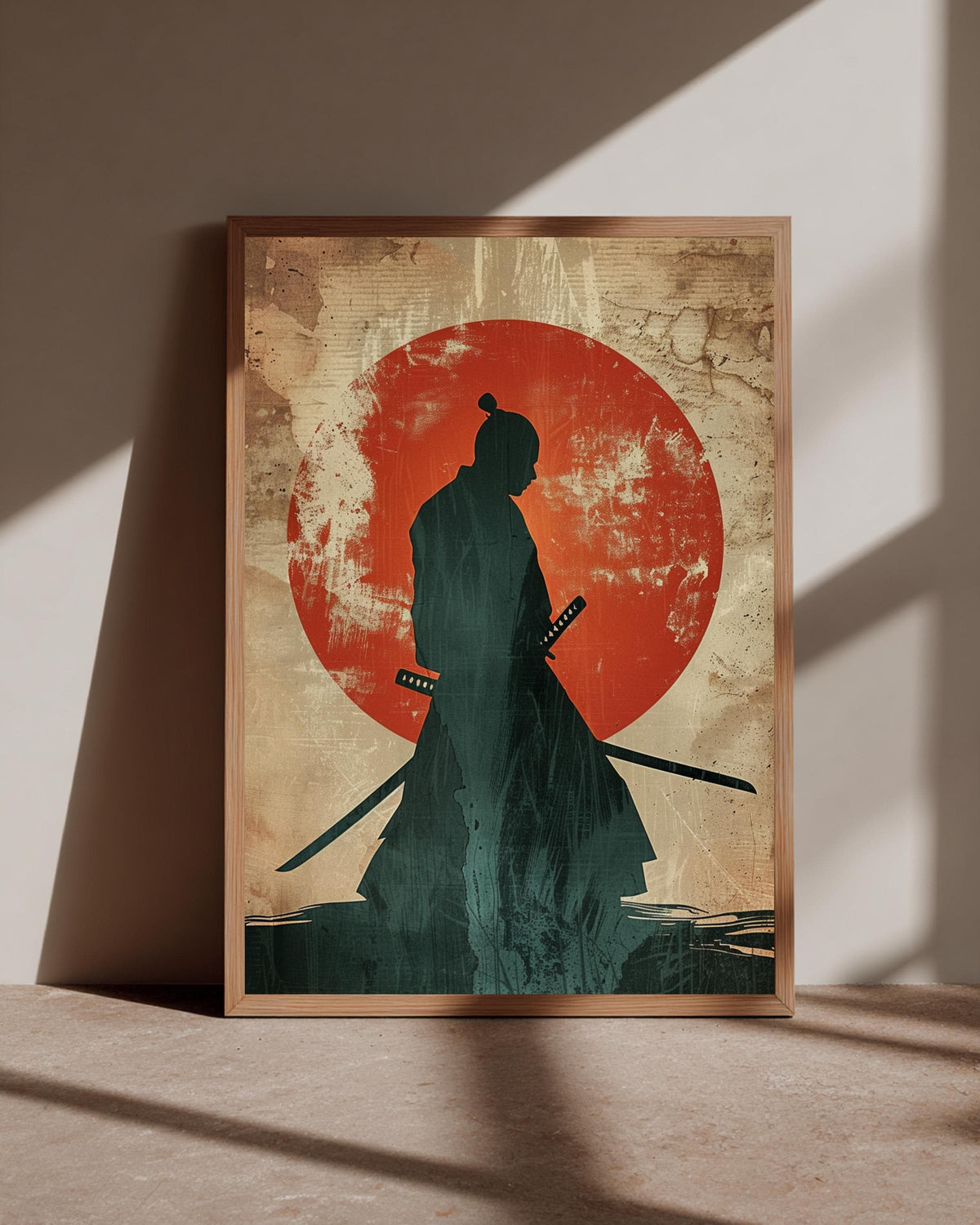 Samurai Silhouette Art, Japanese Warrior Katana Print, Retro Sun Poster, Framed Unframed or Digital