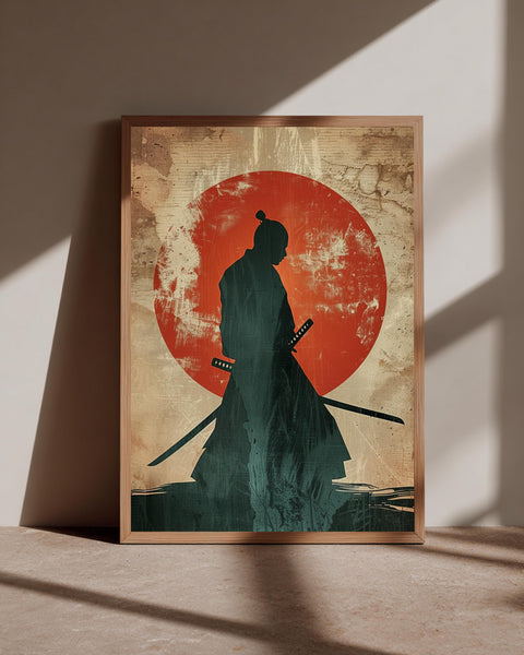 Samurai Silhouette Art, Japanese Warrior Katana Print, Retro Sun Poster, Framed Unframed or Digital