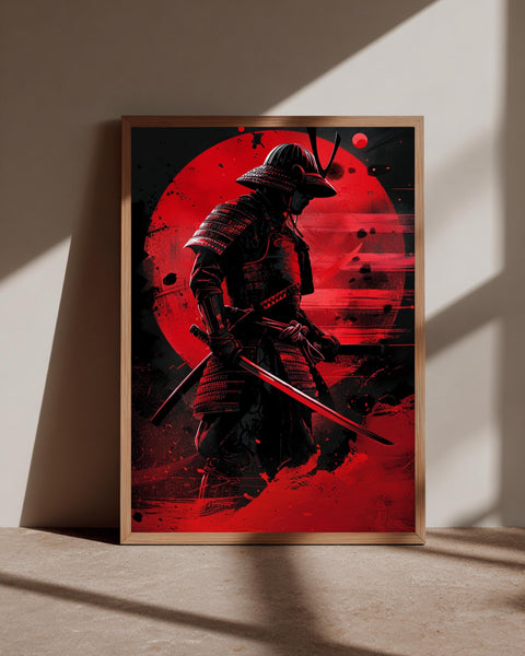 Samurai Red Sun Wall Art, Japanese Warrior Print, Bold Bushido, Framed Unframed or Digital