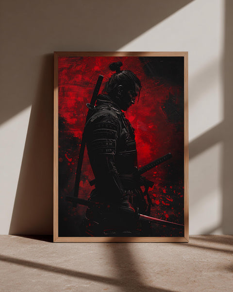 Samurai Wall Art, Dark Warrior Silhouette Print, Japan Red, Framed Unframed or Digital