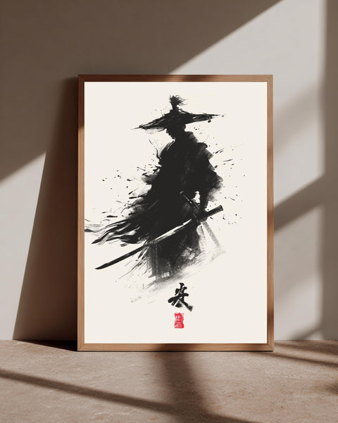 Samurai Ink Art, Japanese Ronin Sumi-e Print, Zen Brush Poster, Framed Unframed or Digital