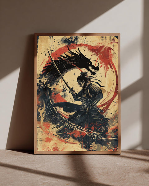 Samurai Dragon Art, Japanese Warrior Katana Print, Framed Unframed or Digital