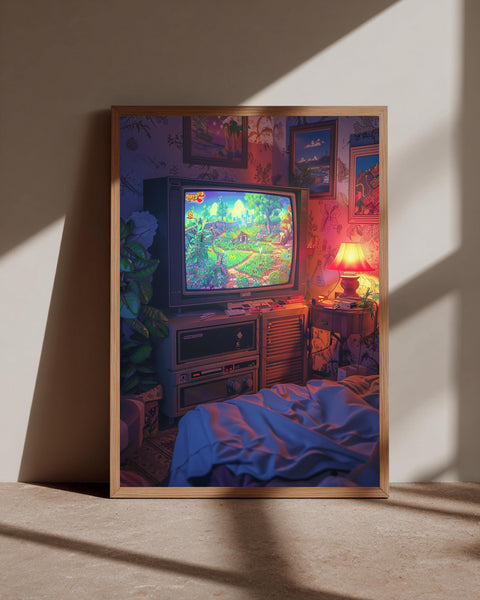 Retro Gaming Poster, Vintage CRT TV Print, Cozy Gamer Room Decor, Framed Unframed or Digital