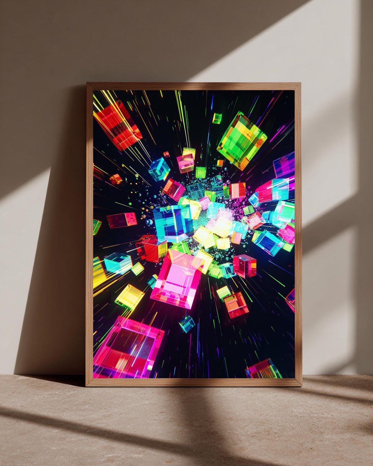 Hypebeast Decor, Neon Pixel Cube Explosion, Retro Wall Art, Framed Unframed or Digital