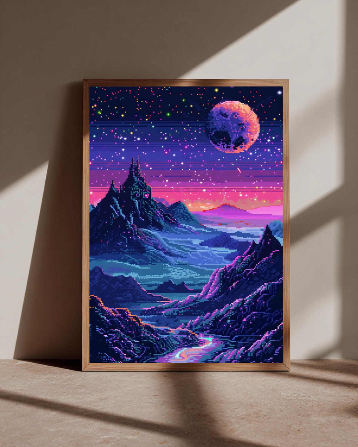 Pixel Art Galaxy Poster Neon Stars Mountain Landscape Wall Art Glossy Print Synthwave Space Decor Retrowave Fantasy Sci-Fi Artwork
