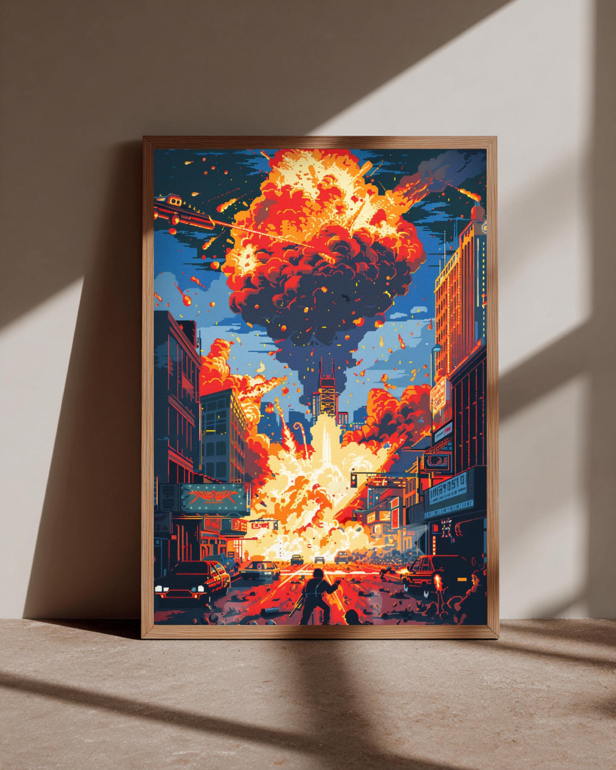 Pixel Art Boss Battle, Retro Arcade City Explosion Print, Framed Unframed or Digital