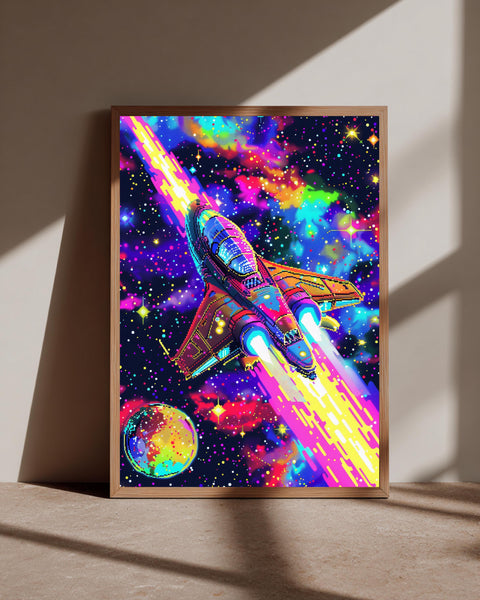Retro Sci-Fi Space Art, Pixel Spaceship Print, Neon Galaxy Poster, Framed Unframed or Digital
