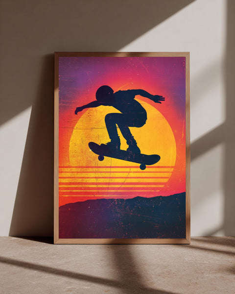 Retro Skateboarder Art, Vintage 80s Sunset Silhouette, Framed Unframed or Digital