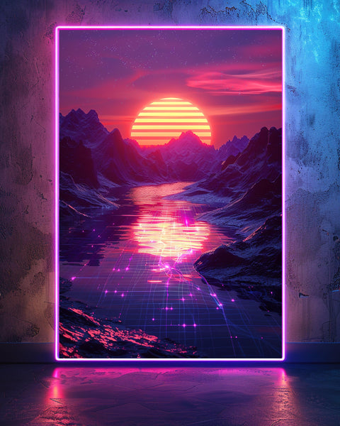Retro Synthwave Art, Neon Sunset Grid Landscape Print, Framed Unframed or Digital
