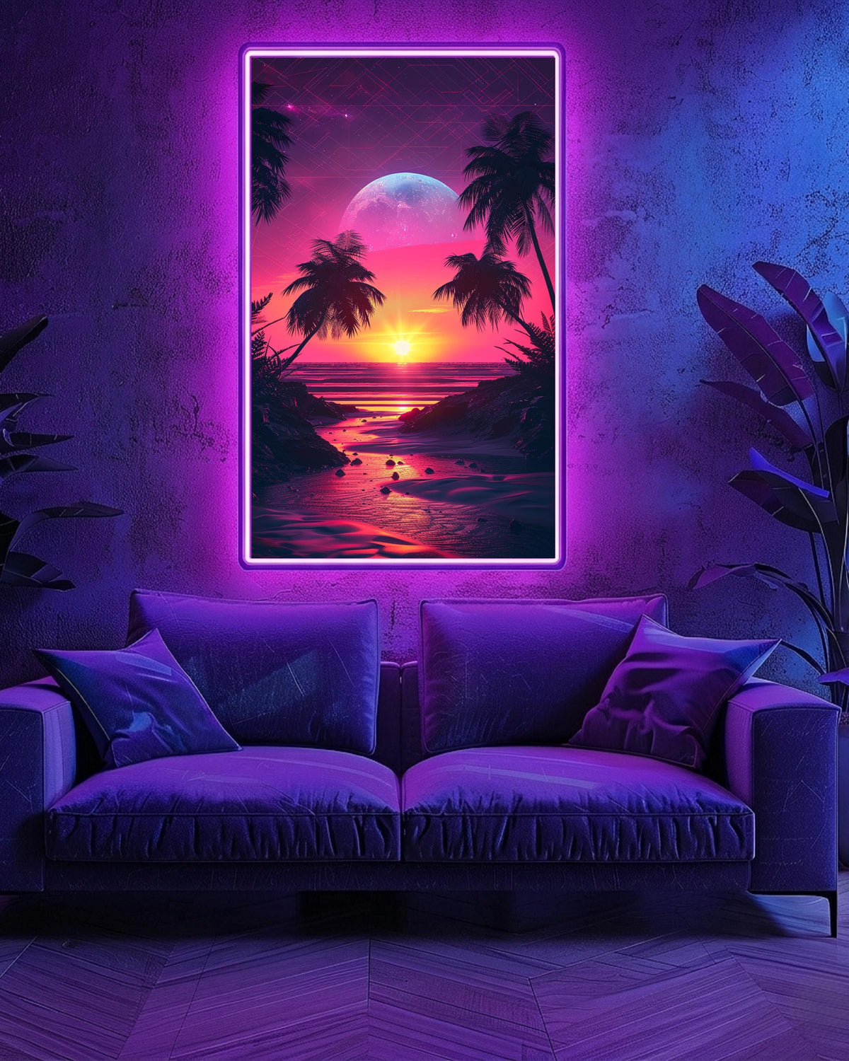 Retro Sunset Wall Art, Neon Palm Trees Print, Synthwave Outrun, Framed Unframed or Digital