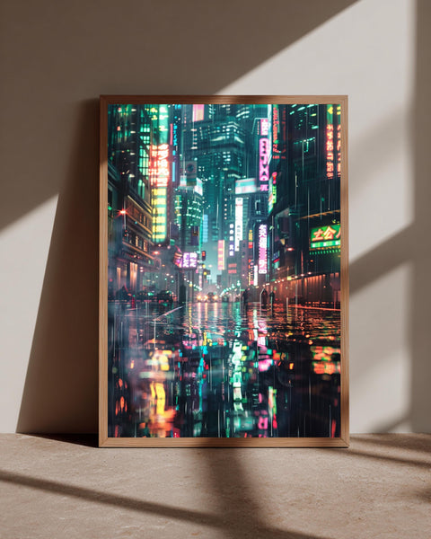 Tokyo Poster, Cyberpunk Neon Cityscape, Rainy Street Print, Framed Unframed or Digital