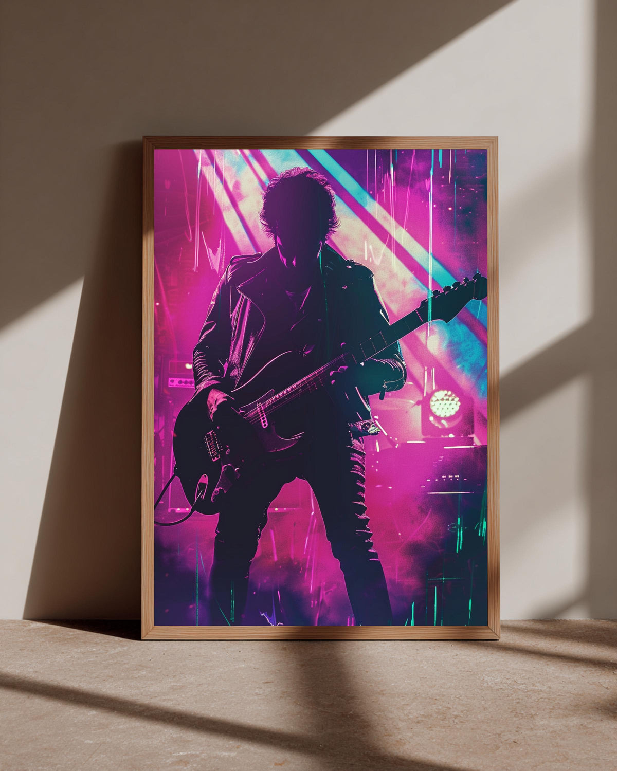 Retro Rock Wall Art, 1980s Neon Guitarist Stage Poster, Framed Unframed or Digital