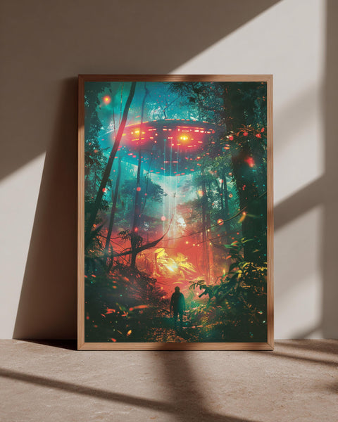 Retro Sci-Fi Wall Art, 80s UFO Alien Encounter Print, Glowing Forest, Framed Unframed or Digital