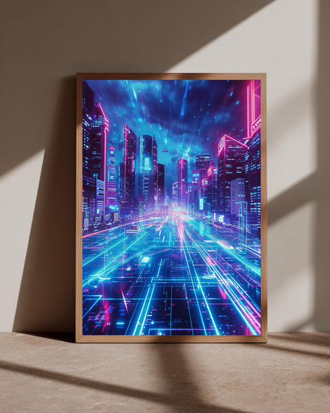 Cyberpunk City Art, Neon Sci-Fi Skyline Print, Retro Poster, Framed Unframed or Digital