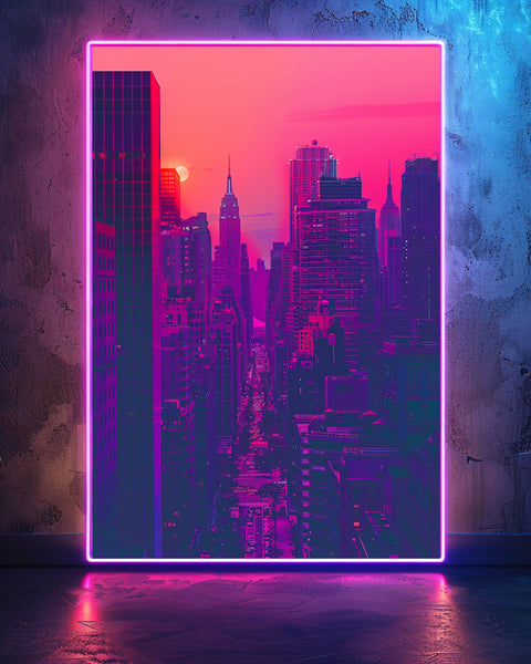Retro NYC Skyline Art, Neon Pink New York Print, Framed Unframed or Digital