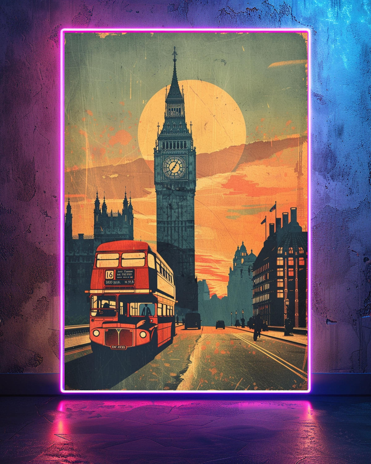 Retro Travel Poster, London Print, Big Ben Bus Artwork, Framed Unframed or Digital