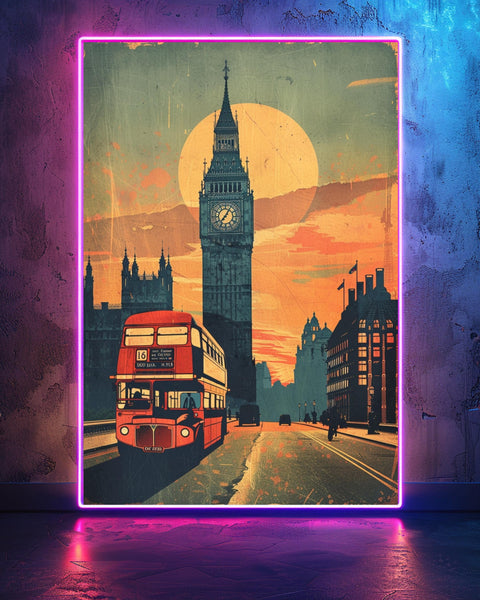 Retro Travel Poster, London Print, Big Ben Bus Artwork, Framed Unframed or Digital
