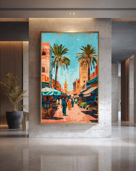 Retro Travel Poster, Marrakech Market Print, Moroccan Decor, Framed Unframed or Digital