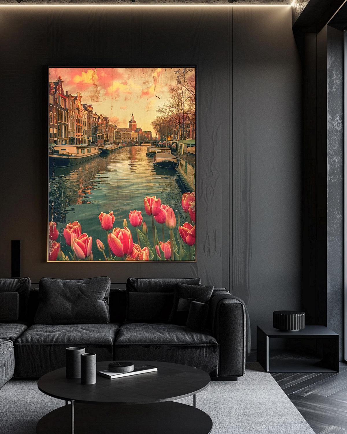 Amsterdam Canal Art, Retro Tulip Sunset Poster, Framed Unframed or Digital