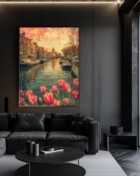 Amsterdam Canal Art, Retro Tulip Sunset Poster, Framed Unframed or Digital