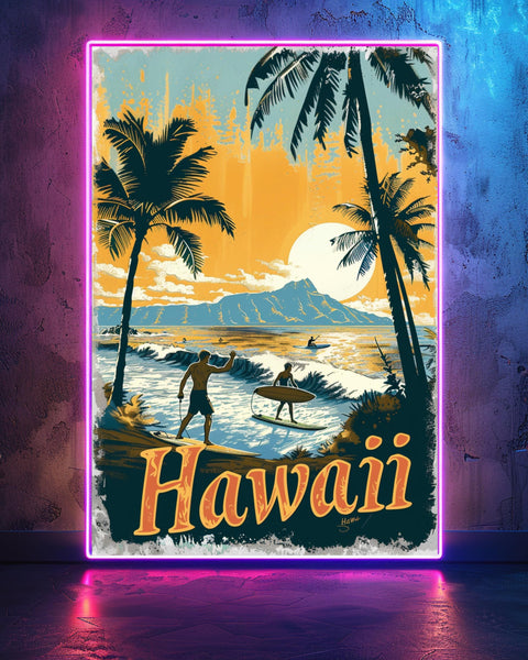 Retro Travel Poster, Vintage Hawaii Surfer Print, Mid-Century Palm, Framed Unframed or Digital