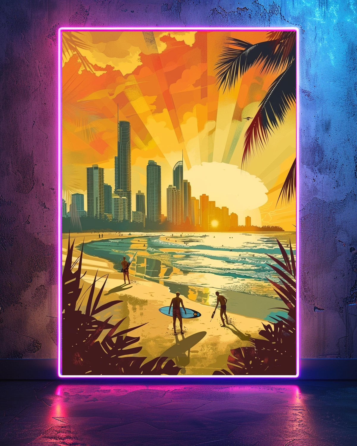 Retro Travel Poster, Gold Coast Australia Surf Print, Framed Unframed or Digital