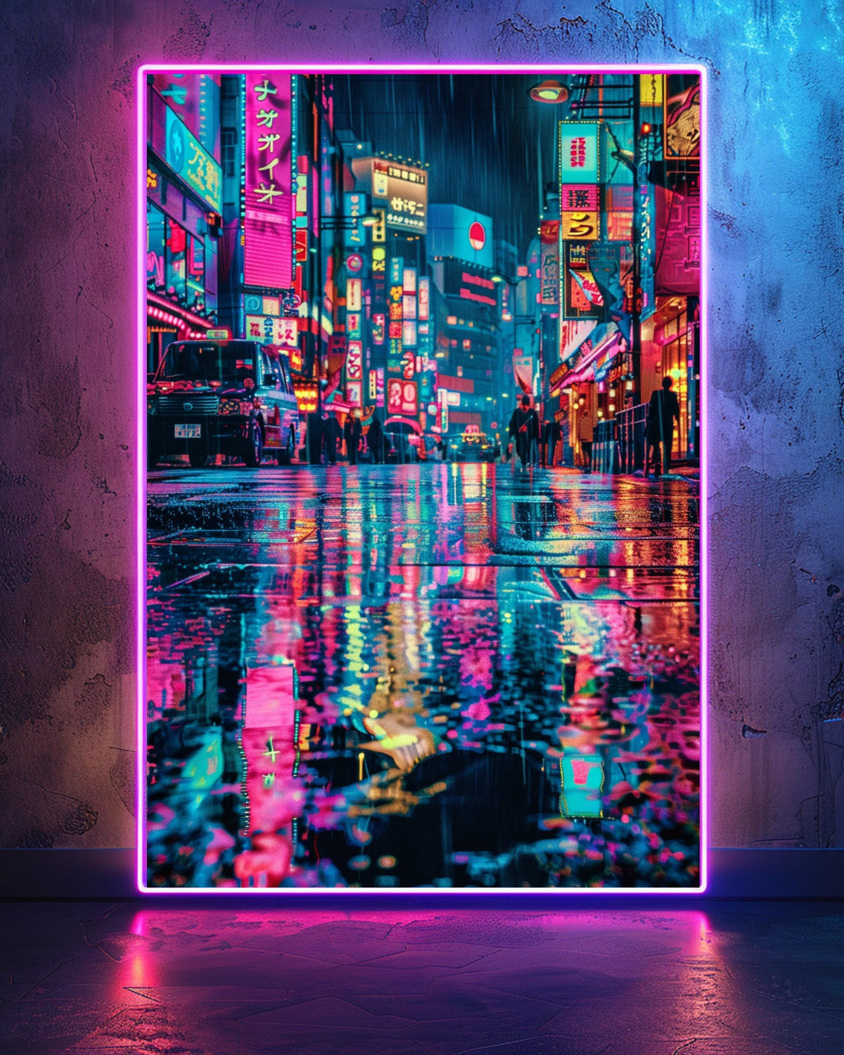 Retro Travel Poster, Tokyo Neon Rainy Street Print, Framed Unframed or Digital