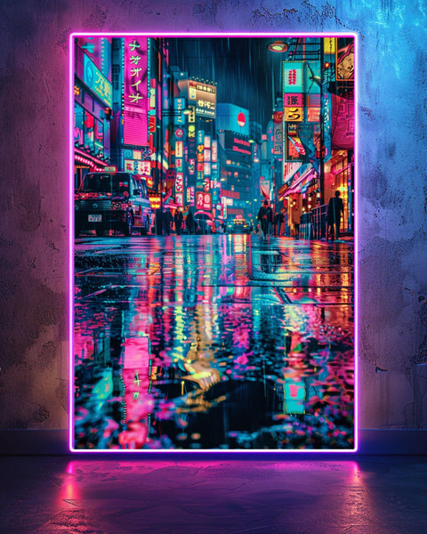 Retro Travel Poster, Tokyo Neon Rainy Street Print, Framed Unframed or Digital