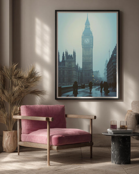 Retro Travel Poster, London Print, Big Ben Foggy Vintage, Framed Unframed or Digital