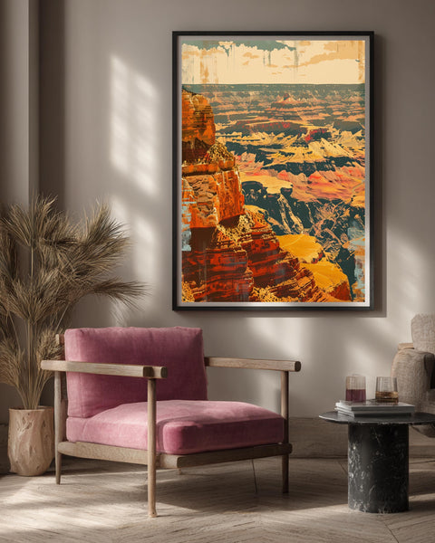 Grand Canyon Print, Vintage Travel Poster, Layered Cliffs Retro Decor, Framed Unframed or Digital